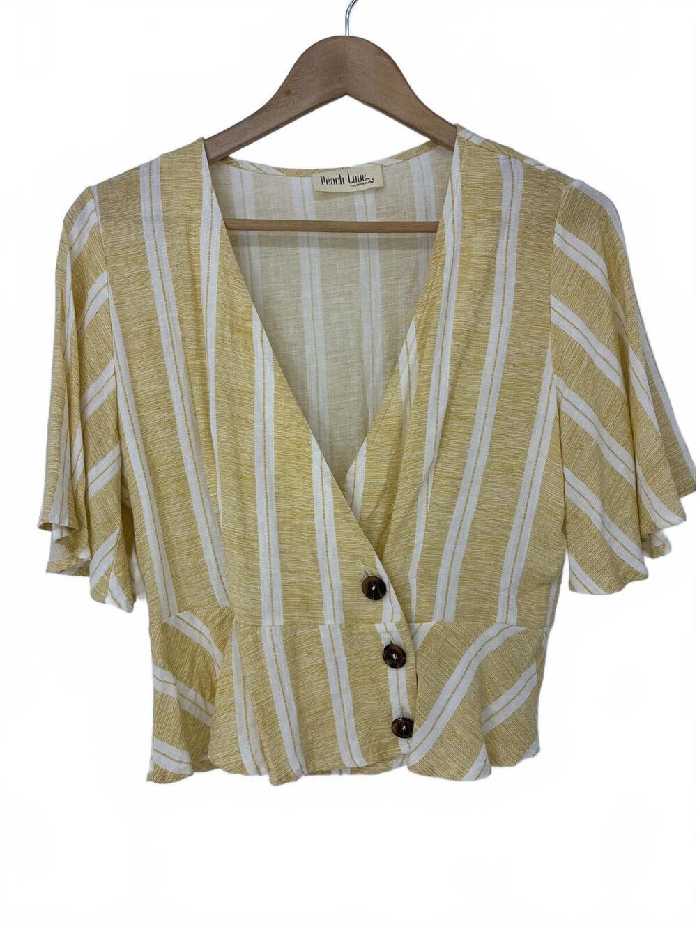 Peach Love California Yellow and White Striped Button Front Wrap V-neck Blouse M